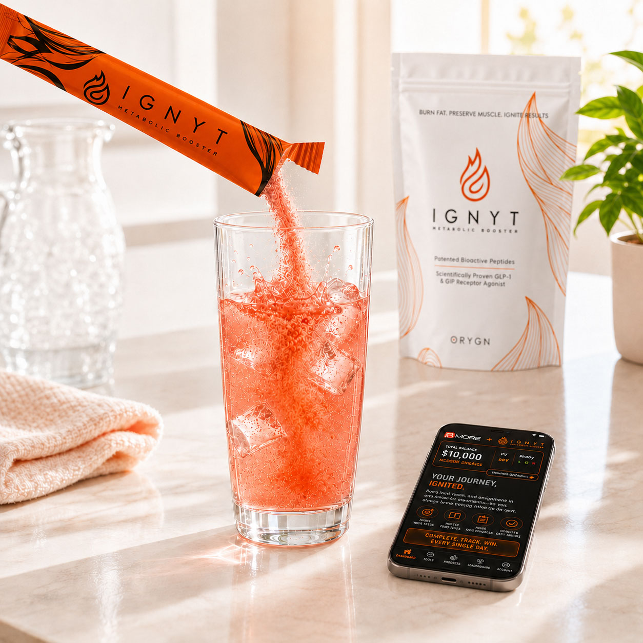 Pouring an IGNYT stick into a glass of water with the IGNYT bag in view